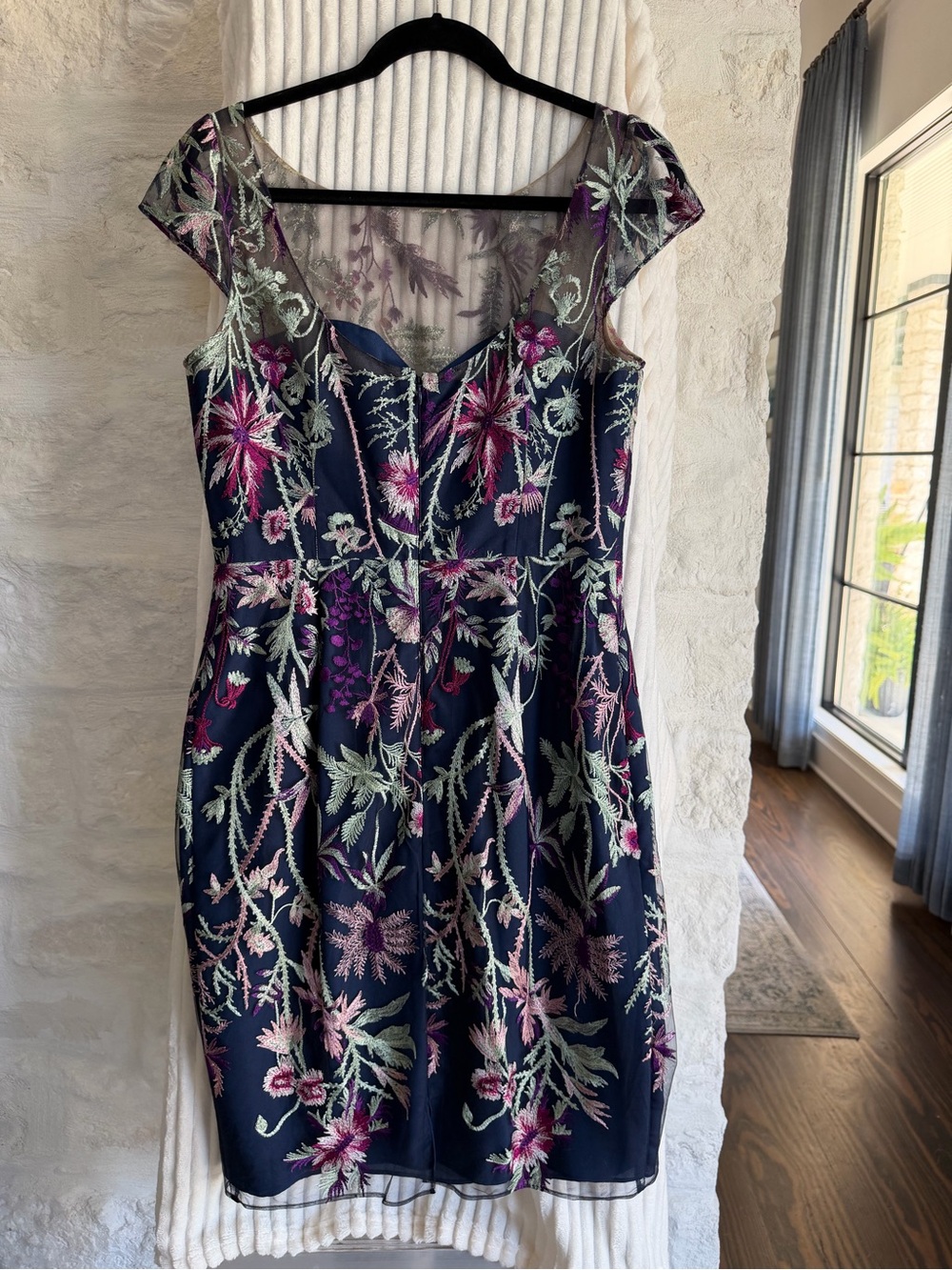 Marchesa Navy Mesh Midi Dress with Pink & Purple Floral Embroidery - Picture 4 of 6